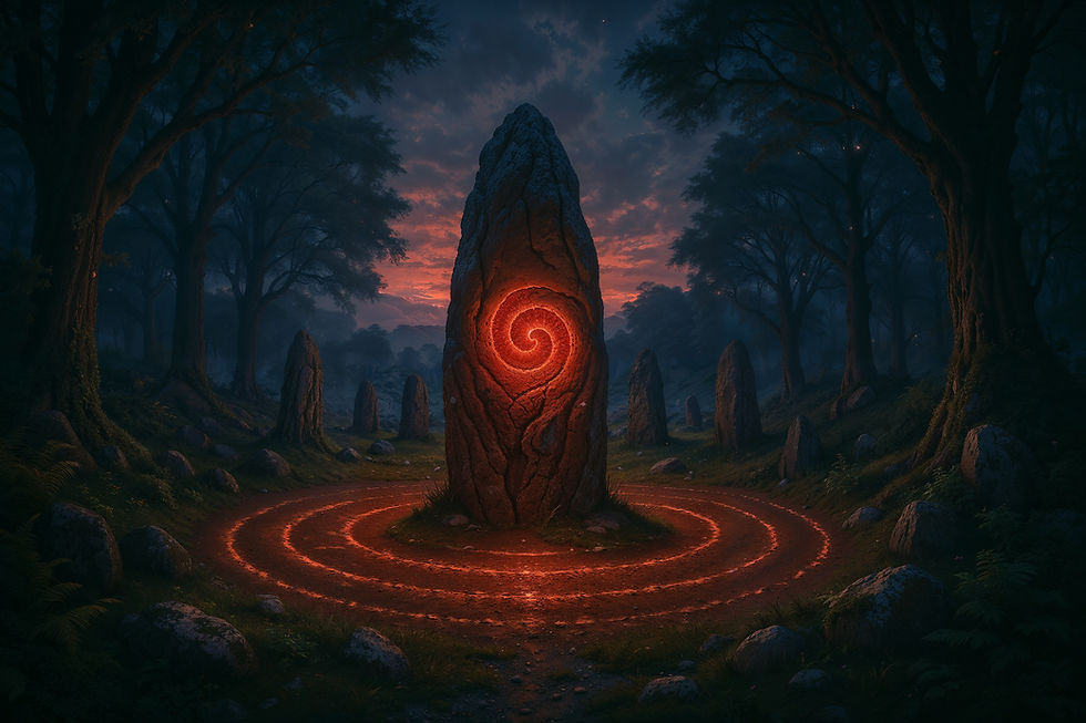 An ancient standing stone circle at dusk, surrounded by dense forest. Red energy waves and runes glow softly on the stones, symbolizing the enduring connection between earth and spirit. The scene exudes a magical, grounding presence.