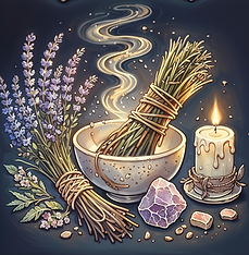 A tightly bound bundle of sage and lavender emitting a soft, golden glow. Wisps of ethereal smoke rise gently, with a candle, crystals, and herbs complementing the mystical atmosphere.