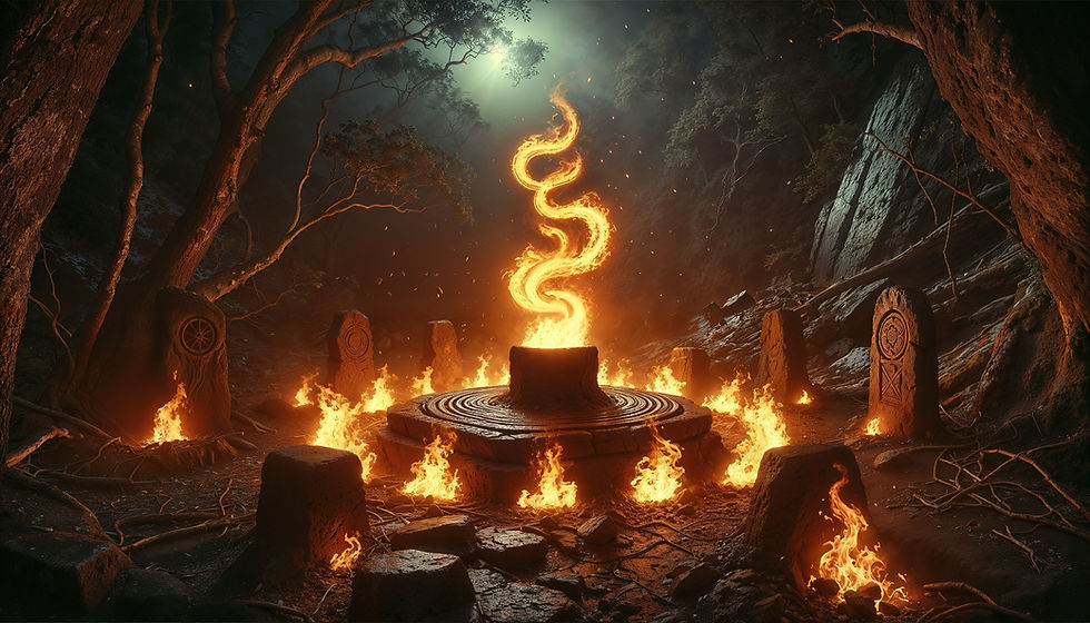 A flaming spiral rises from a stone altar surrounded by rune-carved stones—representing elemental fire rituals and ancient invocations.