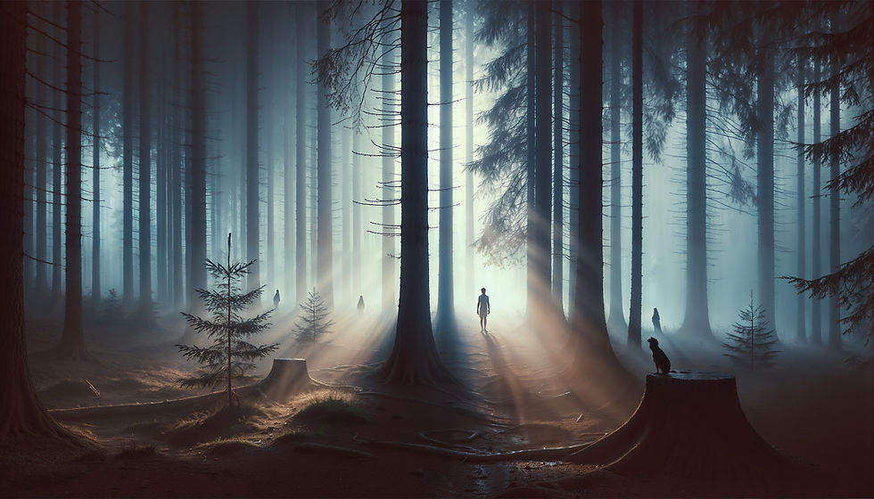 A figure stands in a misty forest bathed in ethereal light—symbolizing the first signs of spiritual awakening and unseen presence.