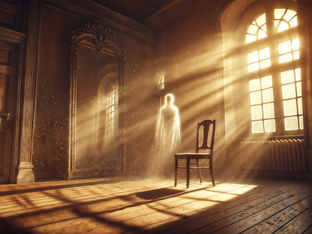 An ethereal spirit manifests in daylight through mirrors and sunlight, illustrating the hidden practices of daylight necromancy.