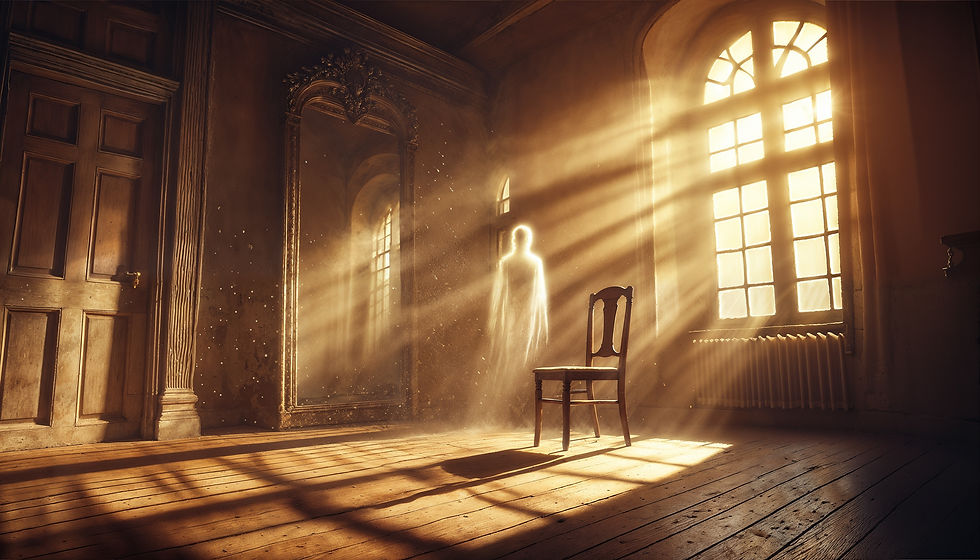 A spectral presence stands in a sunlit room beside an empty chair, symbolizing spirit contact during daylight hours.
