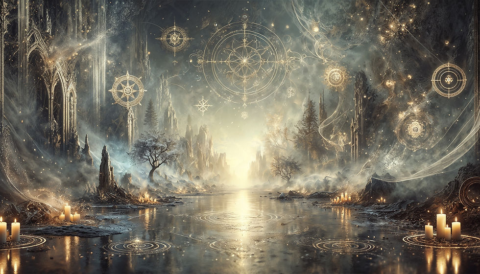 Hyper-realistic mystical landscape with ancient gothic ruins, glowing golden sigils in the sky, enchanted trees, and candlelit reflections on a serene water path under a magical twilight ambiance.
