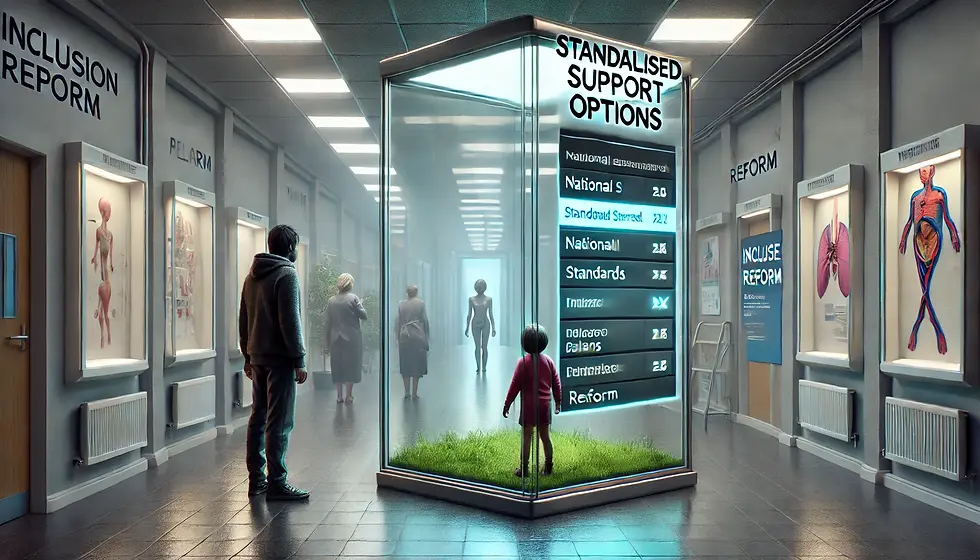 People in a hallway observe a futuristic display case with grass inside. Text reads "Standalised Support Options." Anatomical charts on walls.