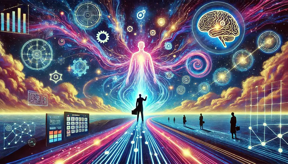 Silhouetted figure on colorful path under cosmic scene with gears, charts, and brain graphic, evoking innovation and exploration.