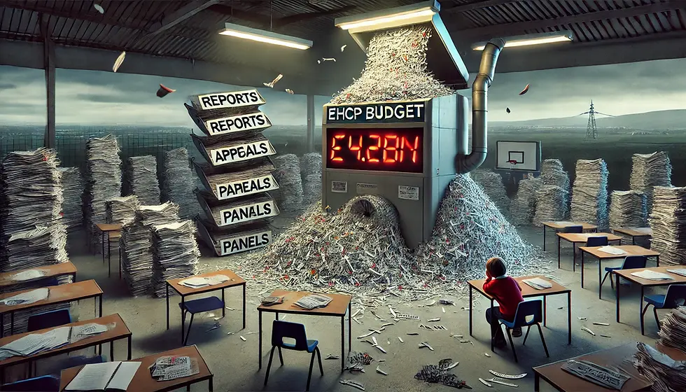 A child sits in a classroom cluttered with paper stacks. A large shredder displays "EHCP BUDGET £4.28M." Labels read "REPORTS," "APPEALS," "PANELS."