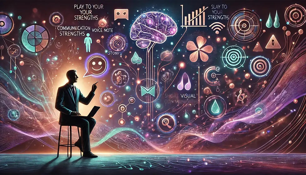 A person sits with a laptop, pointing at vibrant brain symbols and phrases like "Play to Your Strengths" against a glowing background.