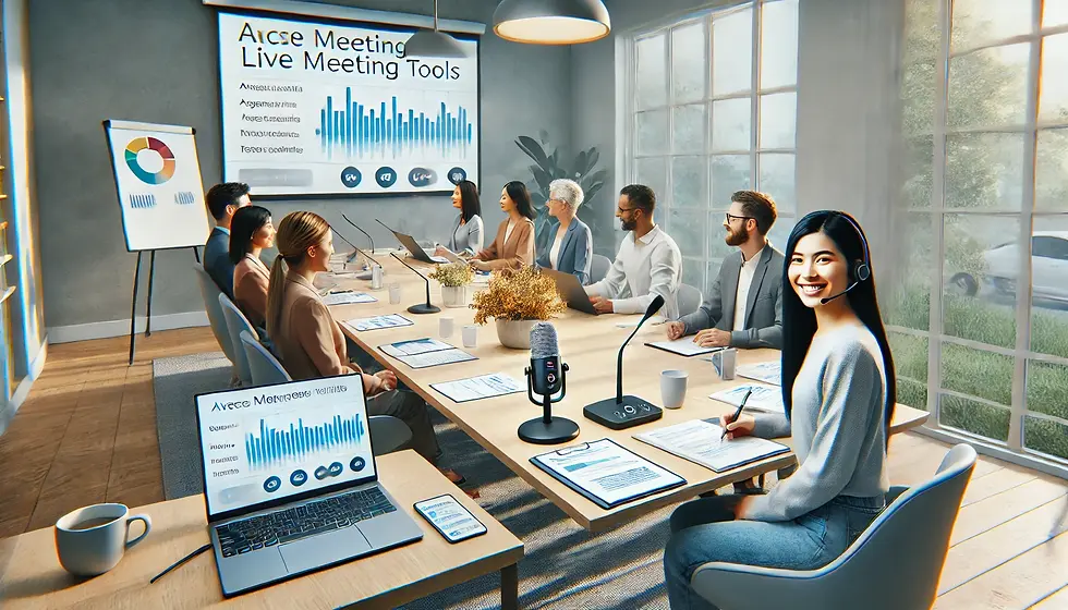 Eight people in a modern conference room conduct a meeting with laptops. A smiling woman wearing a headset takes notes. Screen shows charts.