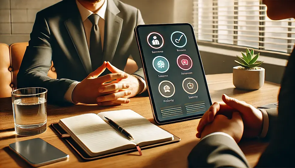 Two people in suits sit at a table with a tablet displaying icons, a notebook, and a glass of water. A small plant sits on the table.