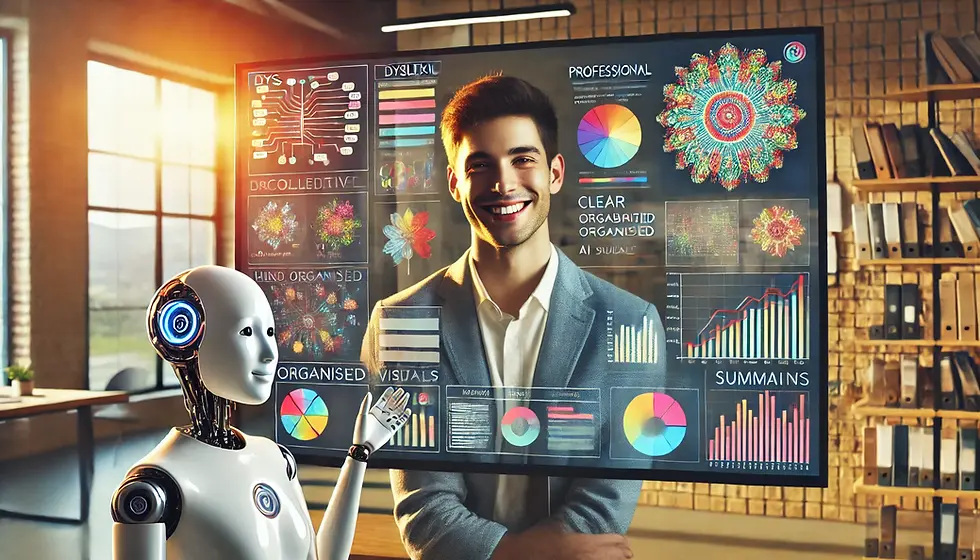 Robot pointing at colorful infographics on a screen with a smiling person. Office setting with shelves, warm lighting, and text visible.