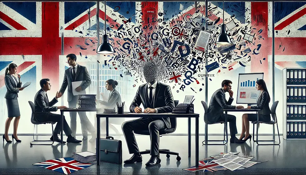 People in suits work in an office with a large Union Jack flag. A man's head explodes into letters, symbolizing chaos. Papers scatter.