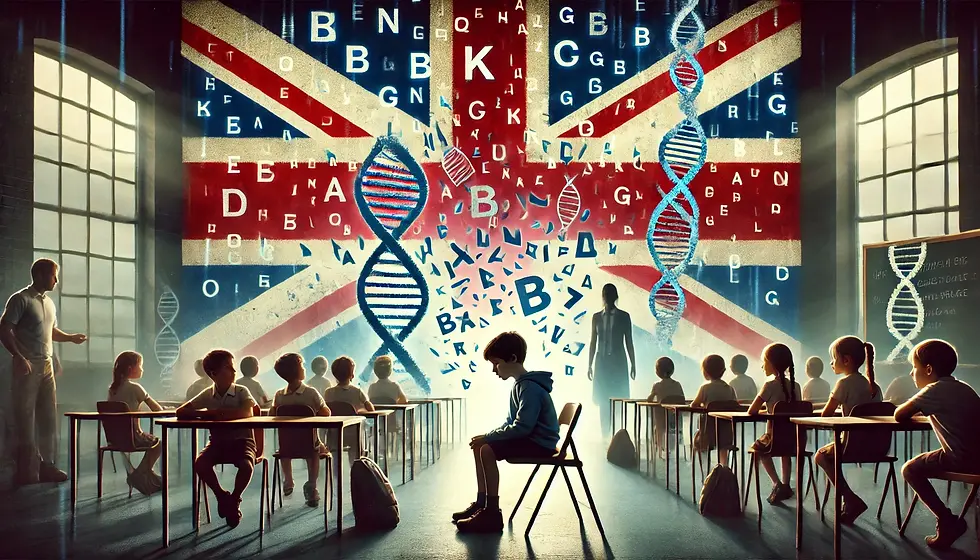Classroom with students facing a large Union Jack and DNA strands. Letters float in the air. One child sits alone, creating a somber mood.