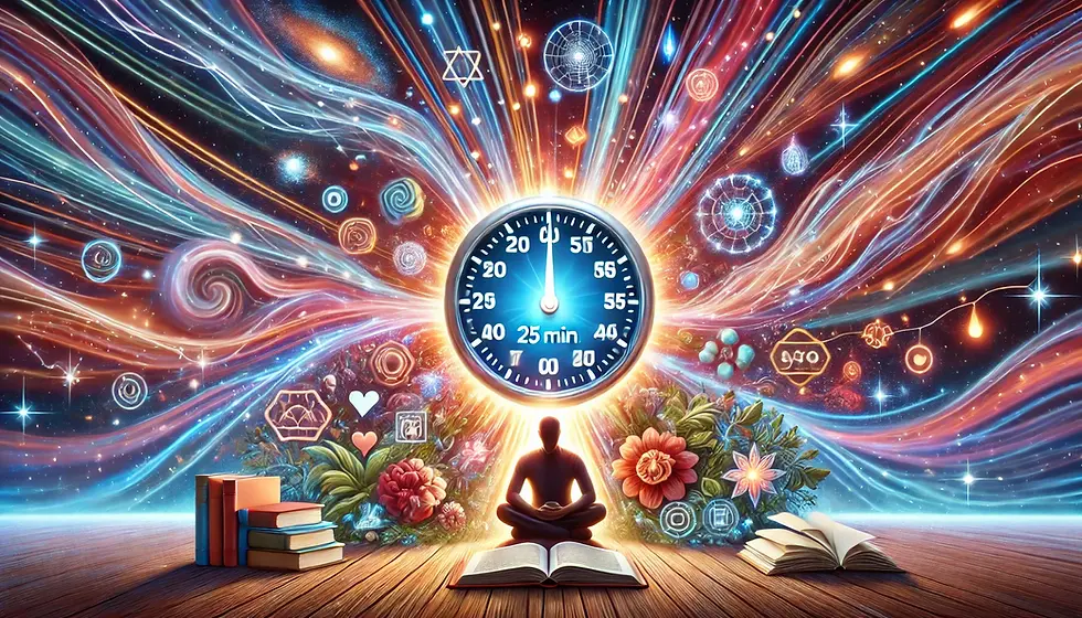 Person meditating on a book with a timer showing 25 min, surrounded by colorful cosmic patterns, flowers, books, and celestial symbols.