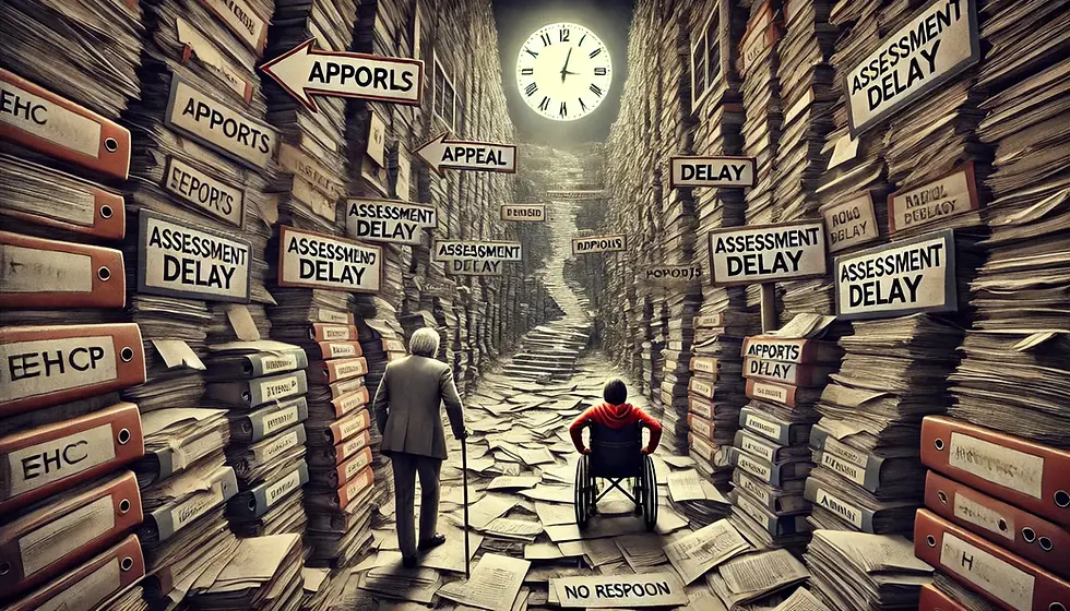 Two people face towering stacks of papers labeled "Assessment Delay." A clock looms above, hinting at urgency amidst chaos.