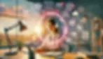 Smiling woman with headphones at a desk, surrounded by glowing AI icons. Text references assistive tech. Warm, cozy office setting.
