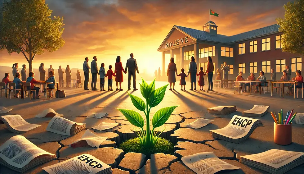 People hold hands around a plant growing from cracked ground, near scattered documents labeled EHCP. The scene is set at sunset in front of a building labeled "Inclusive," evoking hope and unity.