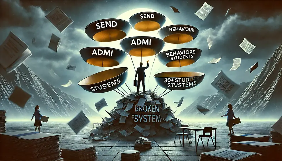 A person in a suit stands on a pile of papers labeled "broken system," reaching towards floating bowls with text. Papers and mountains surround them.