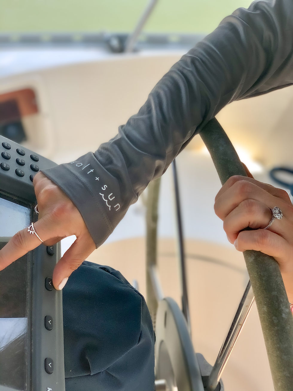 Thumbnail: Salt + sun sleeve view of NAV BCH Longsleeve Performance UV in Sailboat Gray