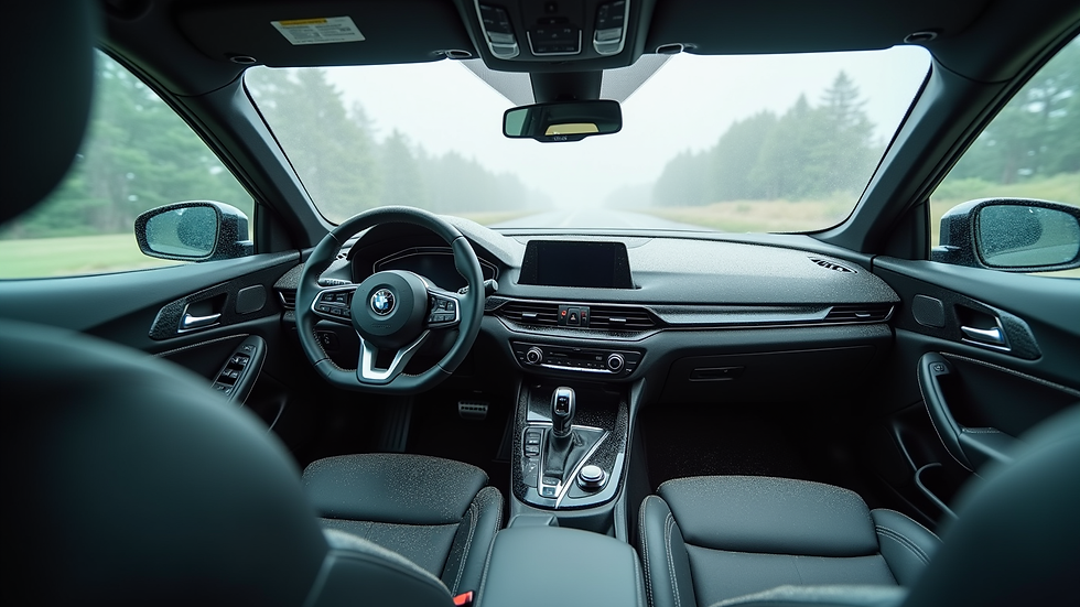 Eye-level view of a clean car interior with freshly steam-cleaned seats and dashboard