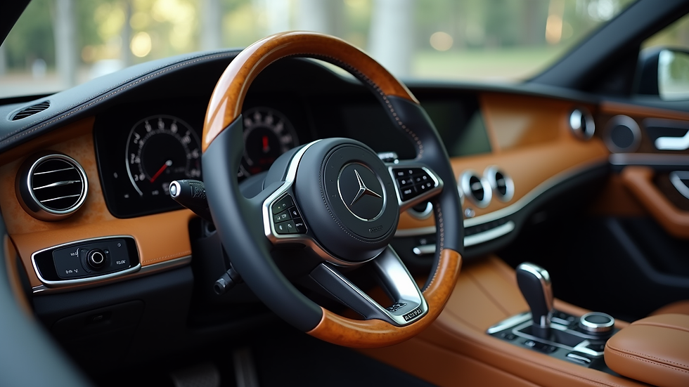 Close-up view of a luxury car dashboard with polished wood and leather