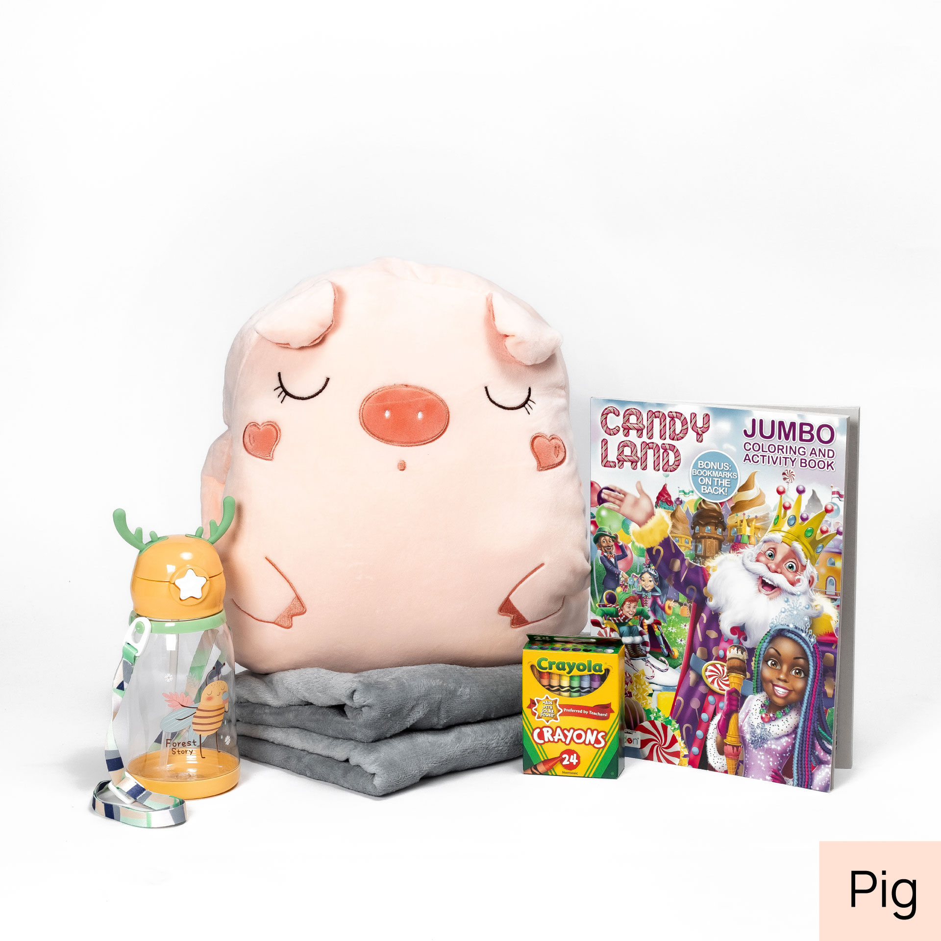 Pig Little Care Package full example (pig stuffed animal, yellow bee water bottle, jumbo coloring book)