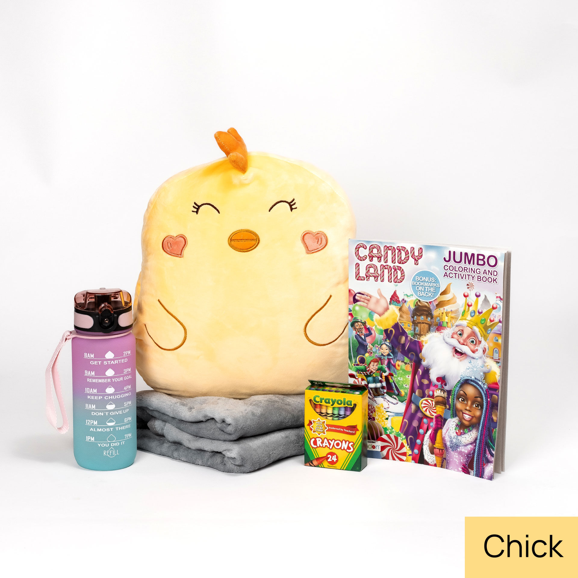 Chick Little Care Package full example (chick stuffed animal, purple water bottle, jumbo coloring book)