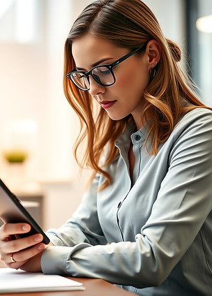 Woman looking at phone realistic in office.jpg