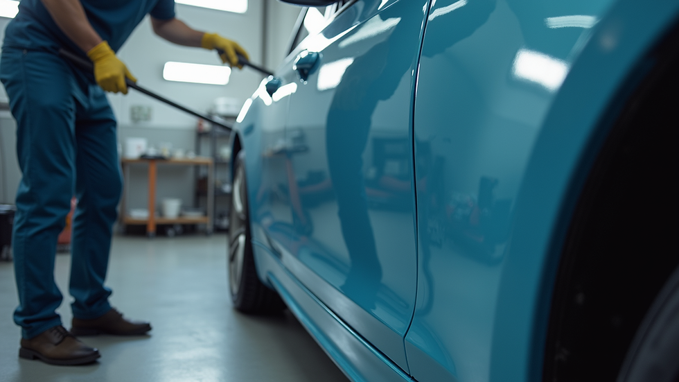 Eye-level view of a car being professionally ceramic coated in a detailing workshop