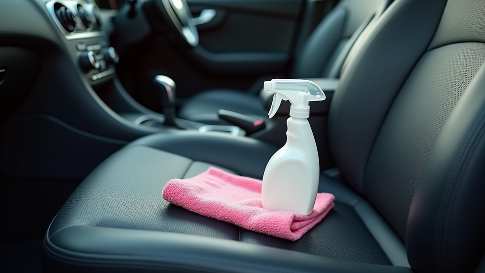 Eye-level view of spray bottle and cleaning cloth on car seat