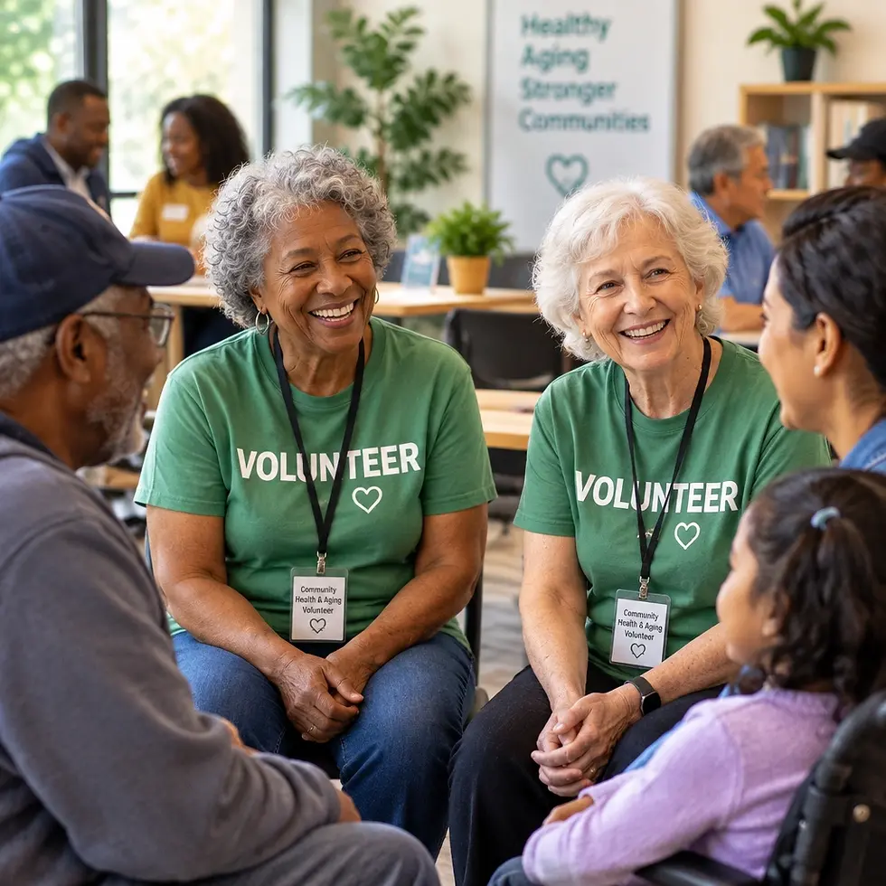 Studio photography of two smiling volunteers in green shirts interacting with a diverse group of people. The atmosphere is warm, welcoming, and community-focused.