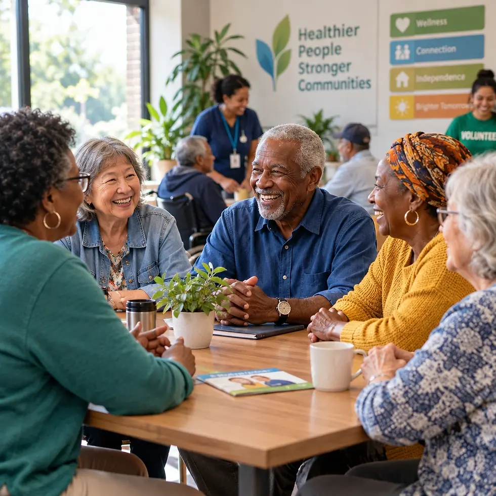 Studio photography of a diverse group of senior citizens sitting around a wooden table, smiling and engaging in friendly conversation in a community center setting. The atmosphere is warm, social, and inviting.