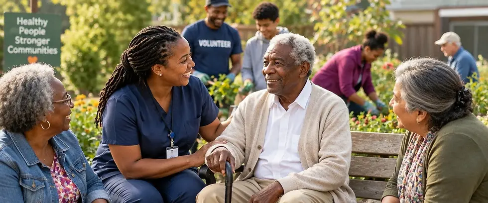 Studio photography of a healthcare worker smiling and comforting an elderly man in a wheelchair at a community garden. The scene feels warm and compassionate with volunteers working in the blurred background.