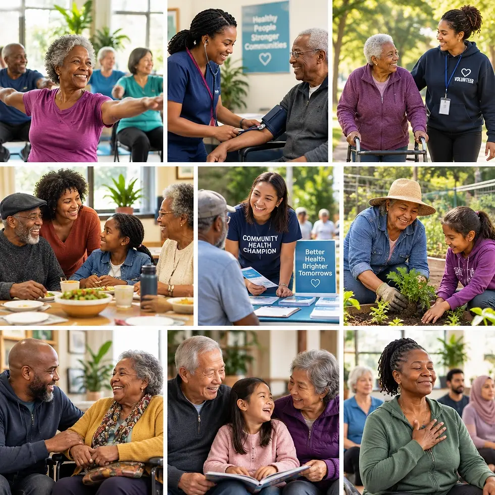 Stock photography collage showing intergenerational community support and health programs. The images capture diverse seniors and younger people in friendly, active settings like gardening, healthcare appointments, and social gatherings, conveying warmth and wellness.