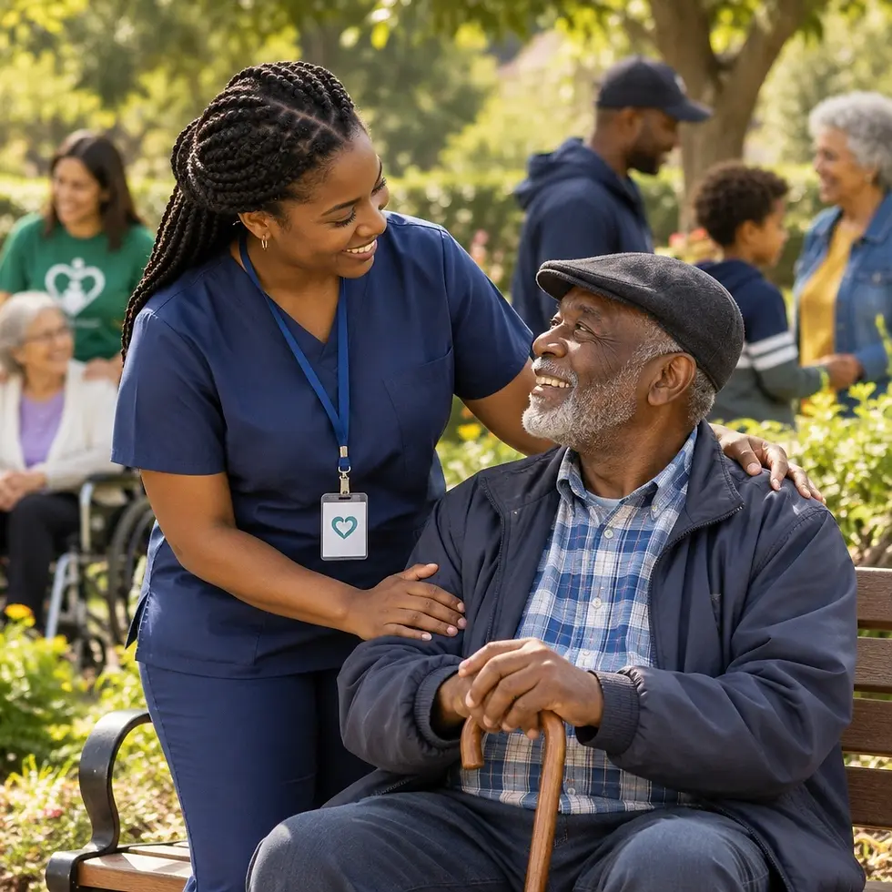 Studio photography of a smiling caregiver in blue scrubs interacting with an elderly man sitting on a park bench. Warm, sunny atmosphere with a sense of compassionate care and community connection.