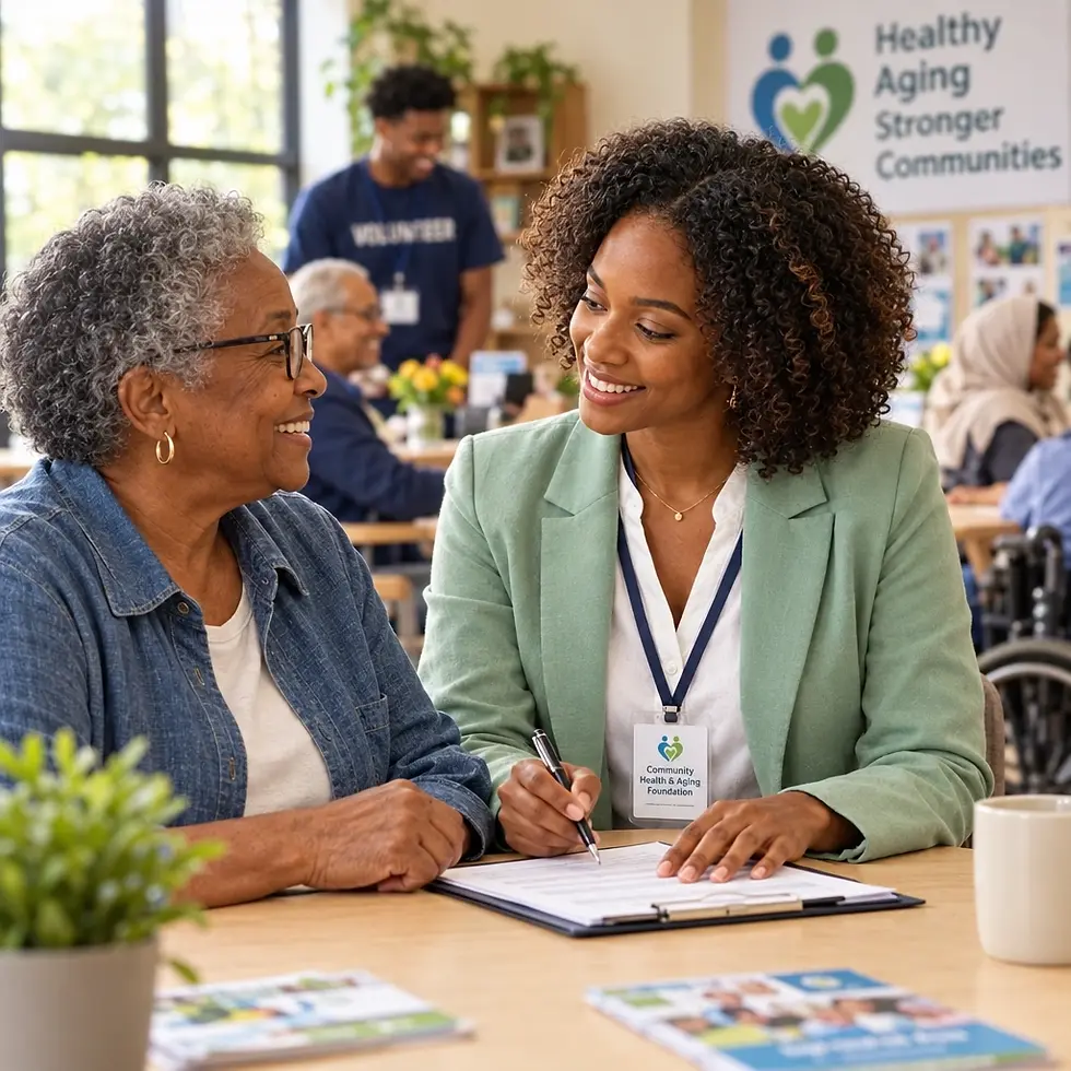 Studio photography of a smiling woman assisting an elderly lady with paperwork at a community center. The setting is bright, warm, and professional, highlighting a supportive, caring atmosphere.