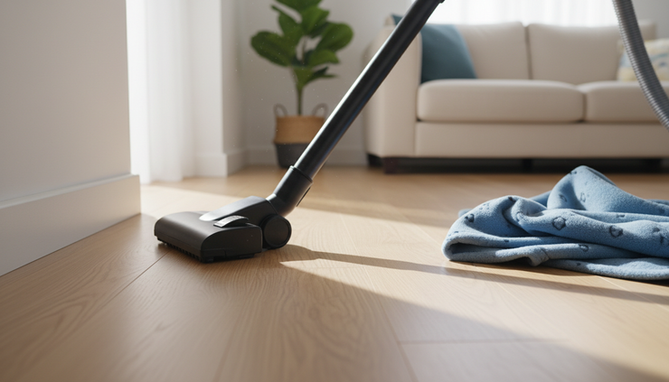 Vue au ras du sol d’un aspirateur passant près d’une plinthe dans un salon