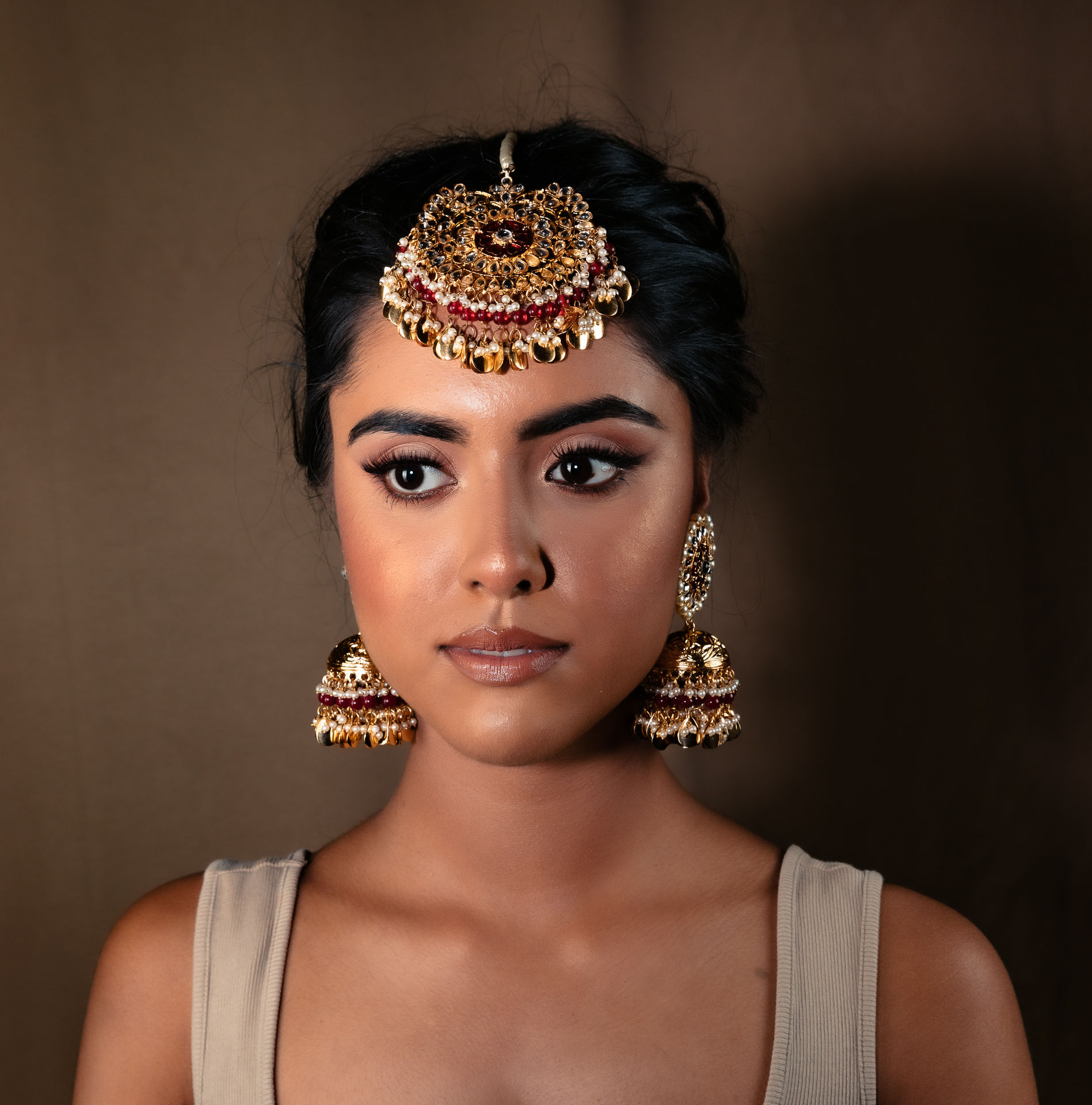 Statement Kundan Meenakari Maangtikka with Jhumkas