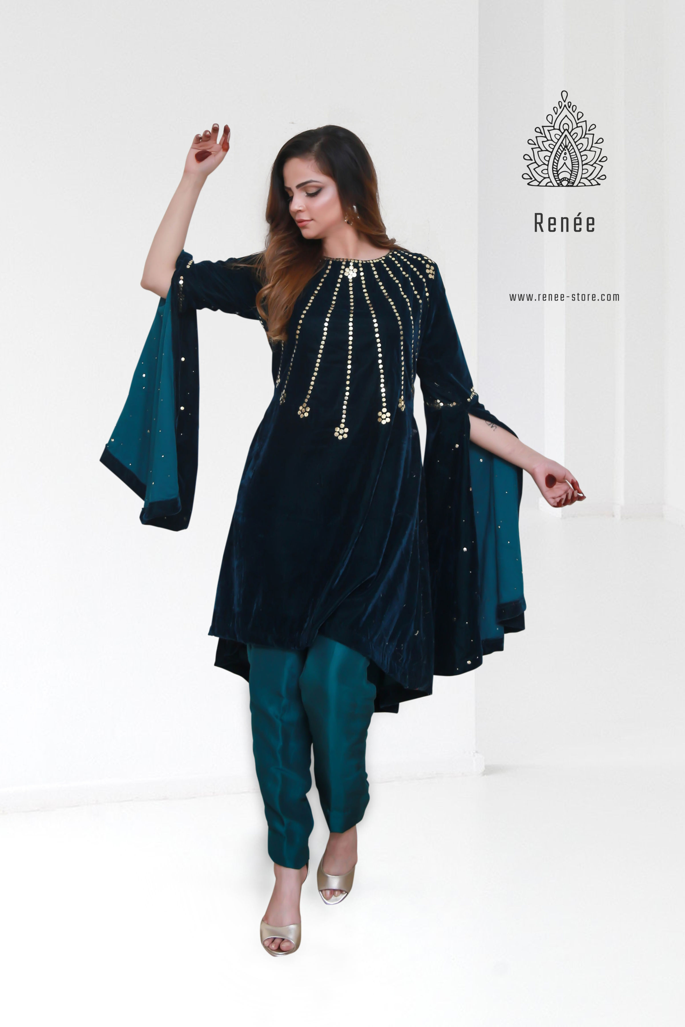 KAAMDANI VELEVT FLARE TOP - TEAL