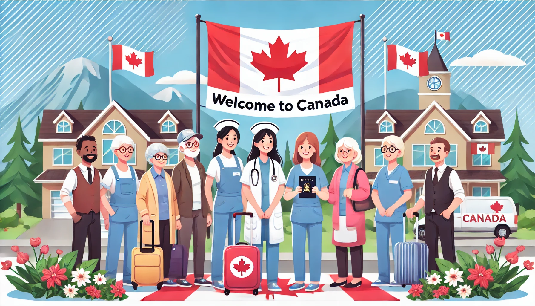 Illustration of diverse caregivers arriving in Canada, holding passports and luggage, with a Canadian flag, welcoming sign, and scenic background featuring mountains and a peaceful neighbourhood