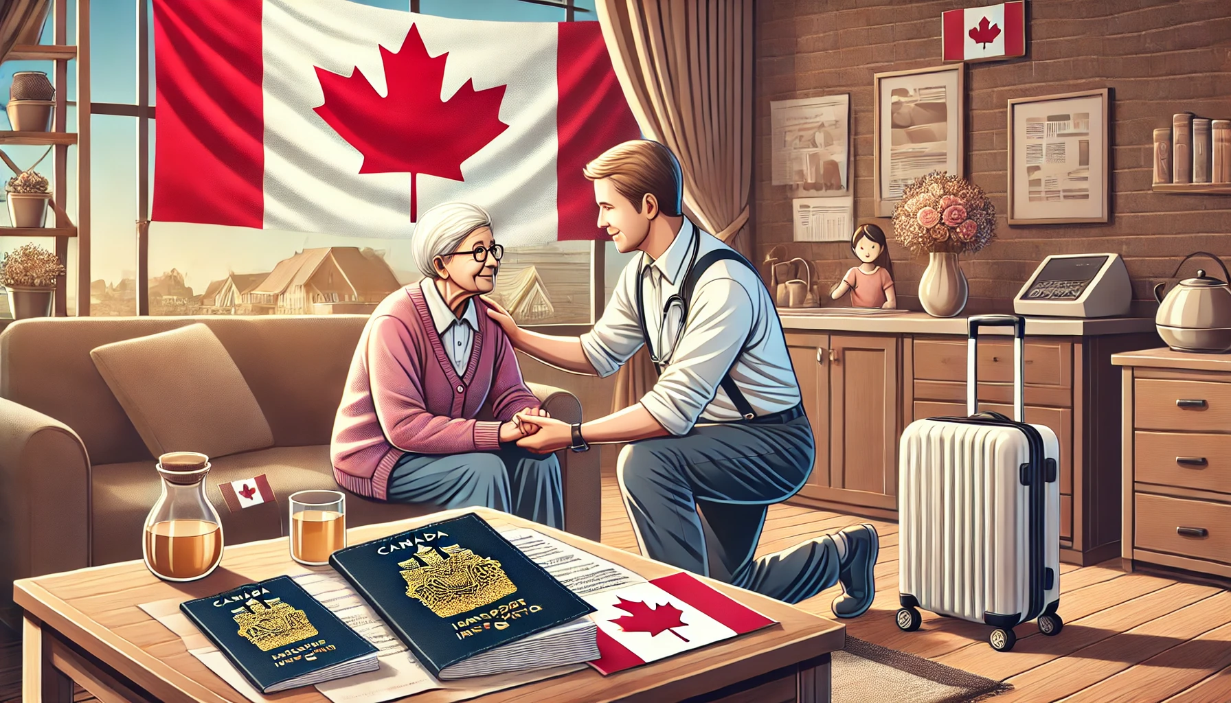 a caregiver assisting an elderly person in a cozy home, with a Canadian flag in the background