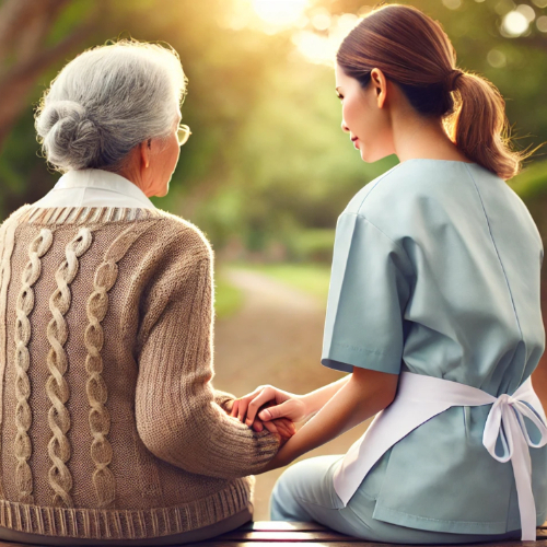 image from behind showing a caregiver holding an elderly woman's hand