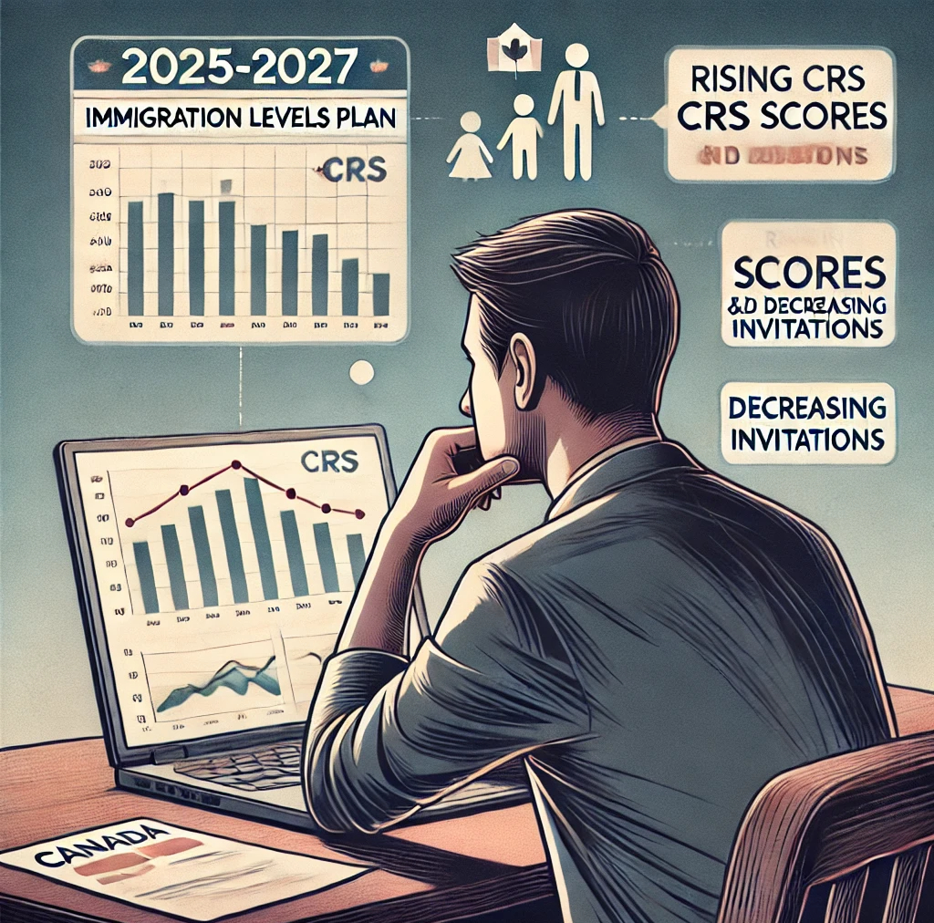 Illustration of a person sitting at a desk, seen from behind, looking at a laptop screen displaying CRS score trends