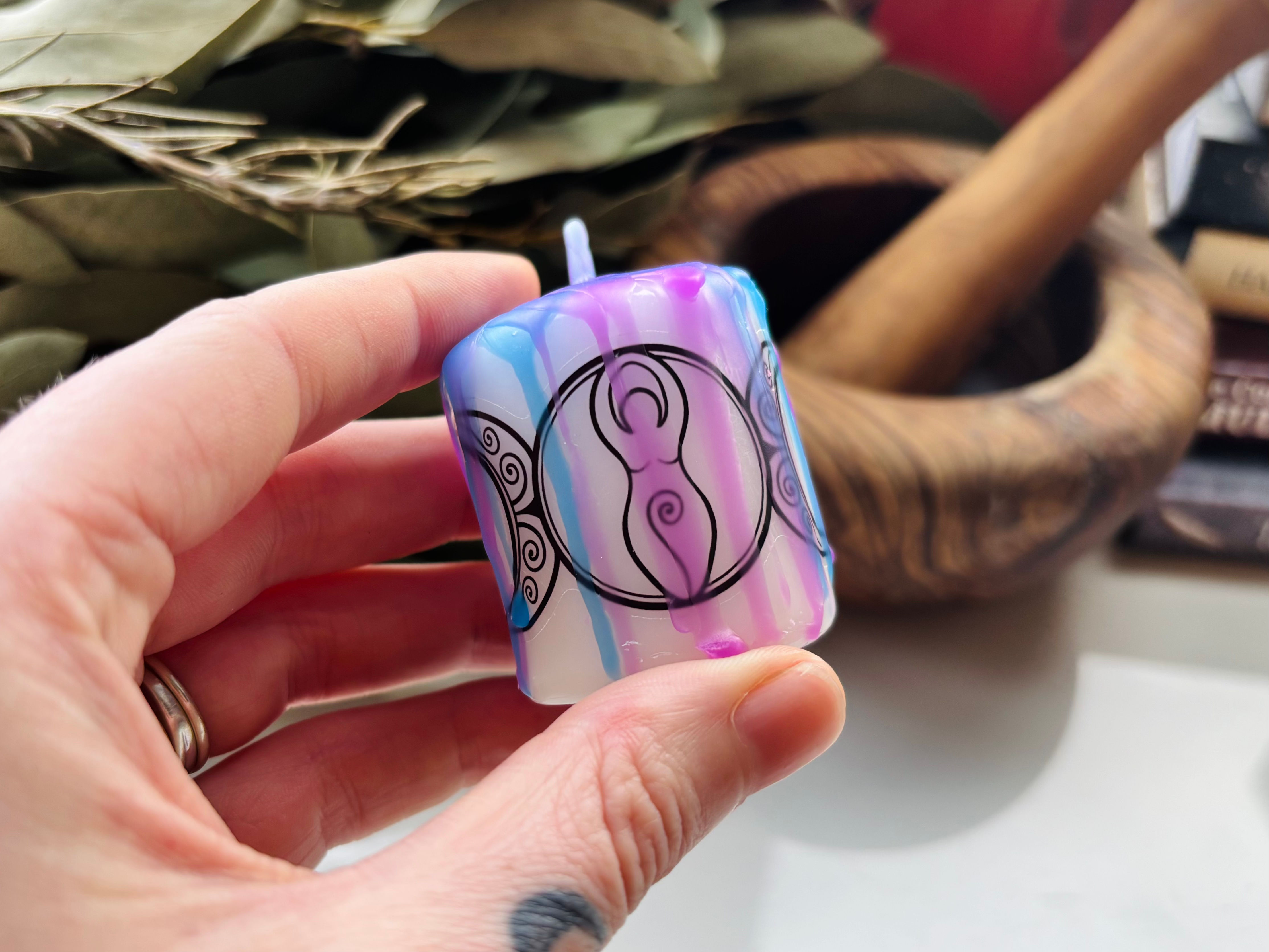 Blue & Pink Triple Moon Goddess Votive Candle