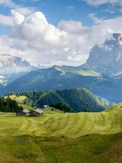 Rolling green meadows below dramatic Dolomite peaks.