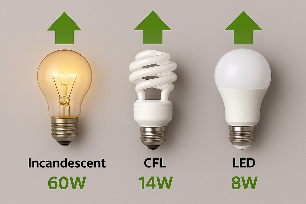 Comparison of energy consumption: An incandescent bulb at 60W, a CFL bulb at 14W, and a LED bulb at 8W, highlighting the transition towards more energy-efficient lighting solutions.