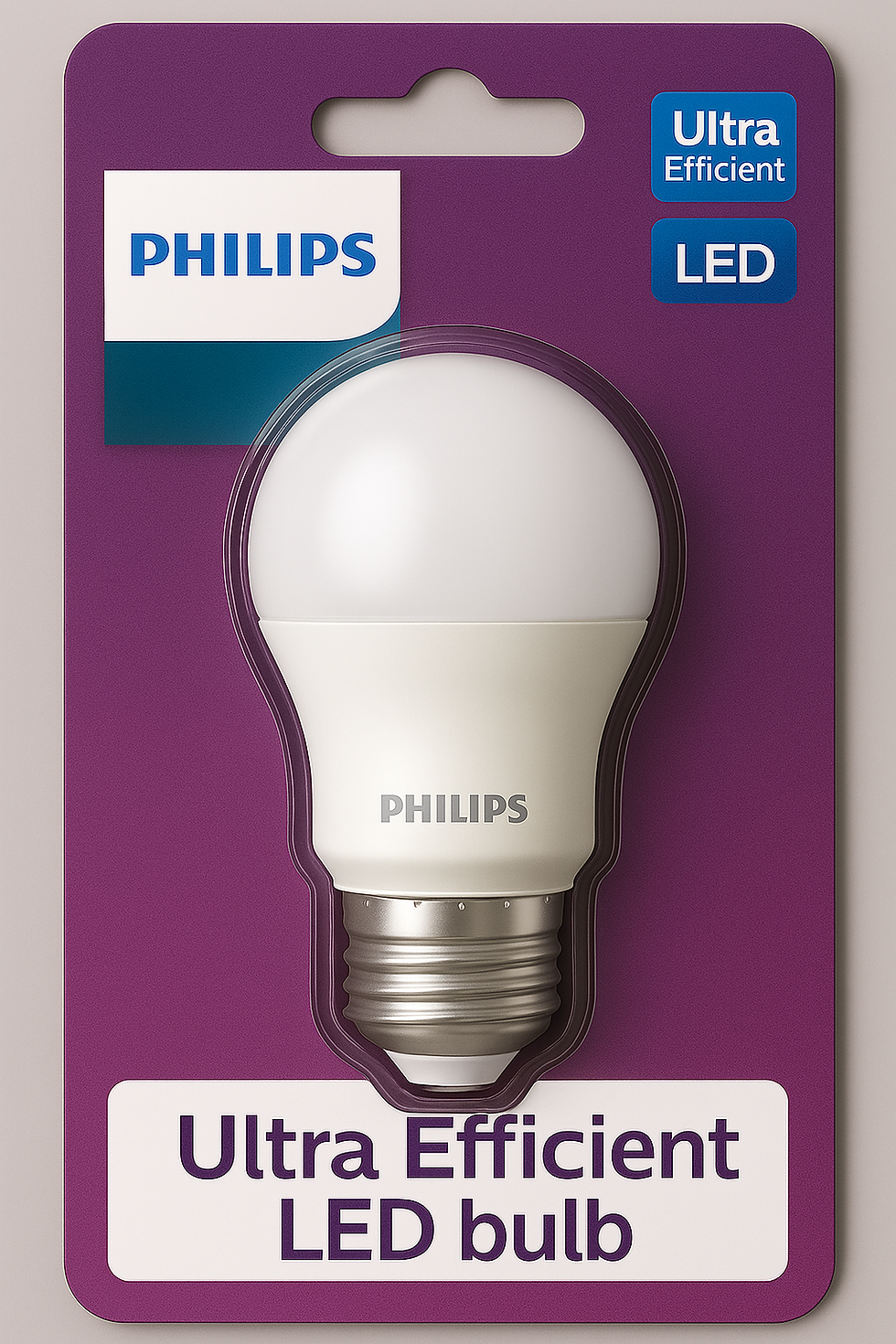 Philips Ultra Efficient LED Bulb packaging highlights energy-saving technology with a sleek, modern design.