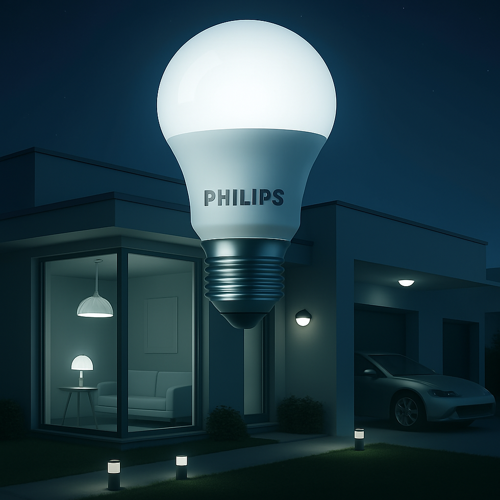 A modern home illuminated by a Philips LED bulb, emphasizing energy-efficient lighting solutions in a sleek, contemporary setting.