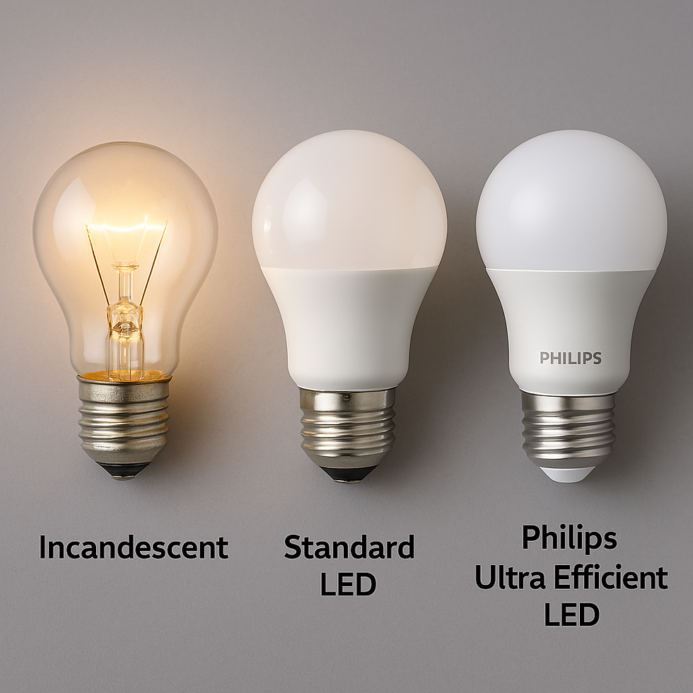 A visual comparison of light bulbs showcasing an incandescent bulb, a standard LED, and a Philips ultra-efficient LED, highlighting advancements in energy-efficient lighting technology.