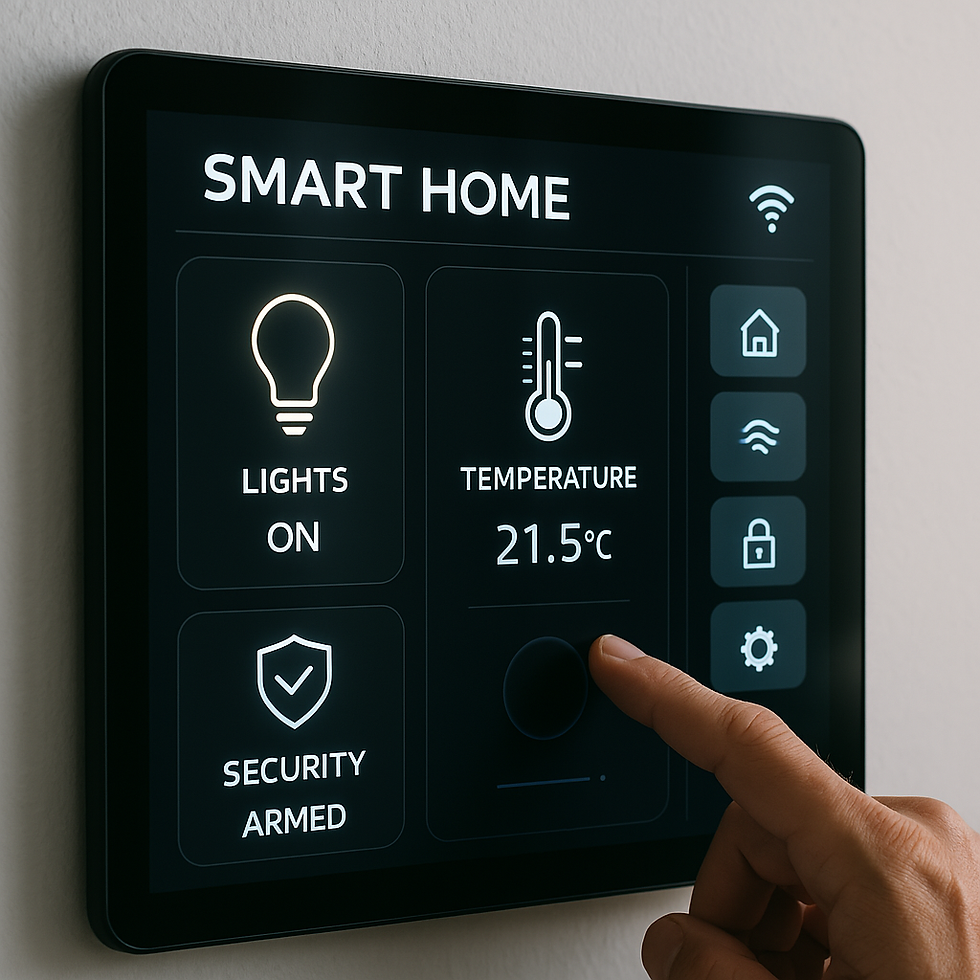 Smart home control panel showing active lighting, temperature set at 21.5°C, and security system armed, as a person adjusts the settings.