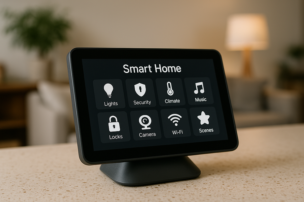 A smart home control panel is displayed on a countertop, showcasing options for managing lights, security, climate, music, locks, camera, Wi-Fi, and different scenes, all aimed at enhancing home automation and convenience.